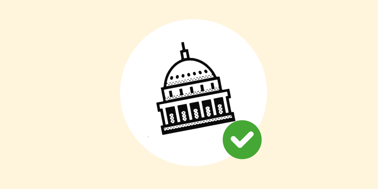 Virginia Capitol Building with a green checkmark over a yellow background.