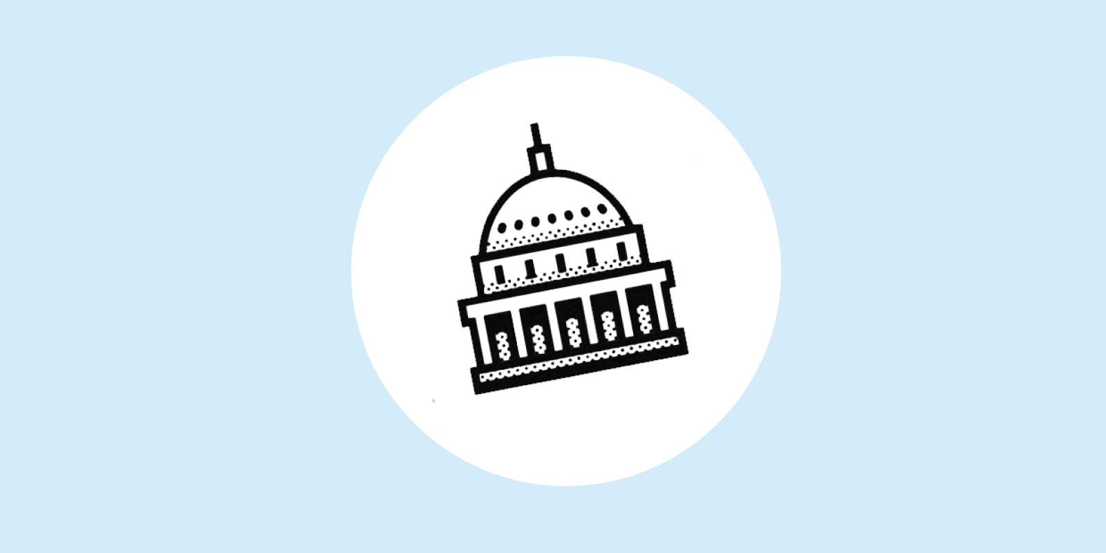 An icon of a capitol building sits over a white circle among a blue background.