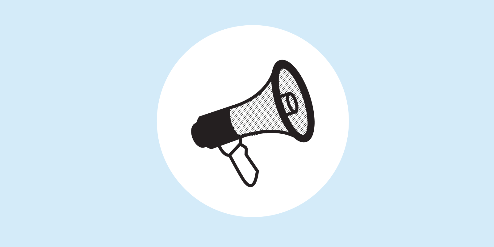 A megaphone sits over a white circle on a blue background.