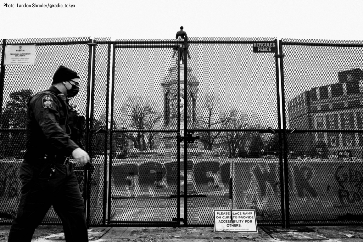 black and white photo of the reclaimed Marcus David-Peters Circle all fenced up.