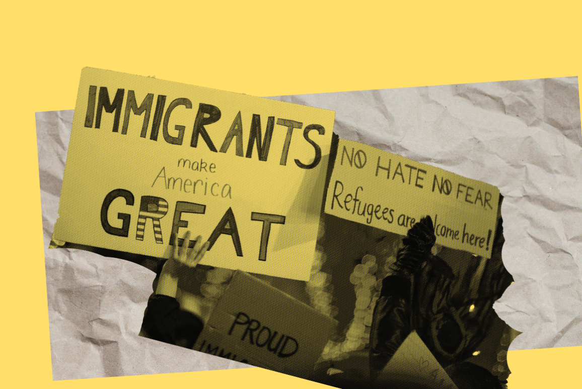 yellow background with a graphic that says "immigrants make america great" from a local protest