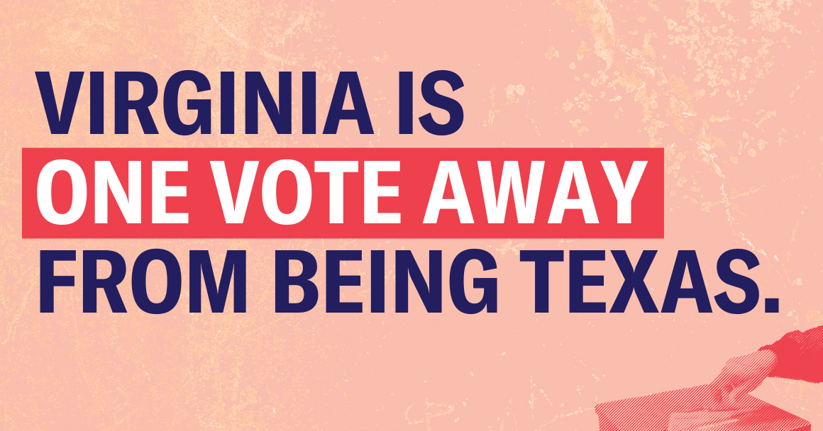pink textured background with the following text in navy blue: Virginia is [bold] one vote away [end bold] from being Texas