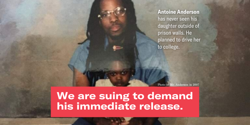 A photo of Antoine and his daughter, reading "We are suing for his immediate release."