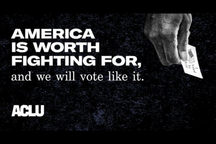graphic with a black-dark navy texture background with the text "america is worth fighting for, and we will vote like it."