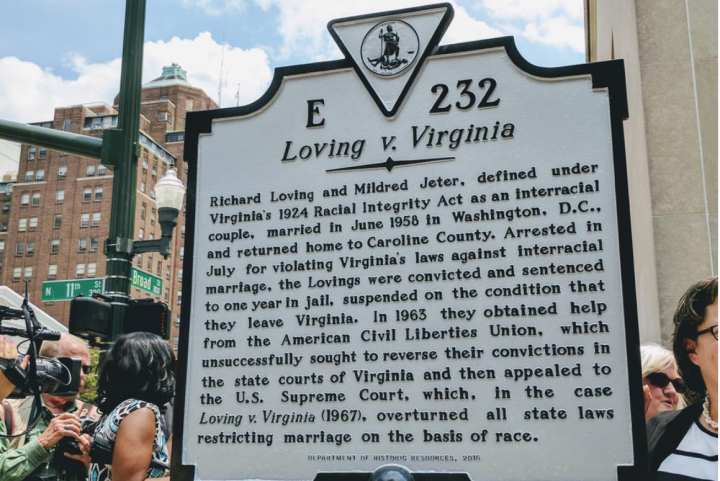 Photo of the historic marker for Loving v. Virginia