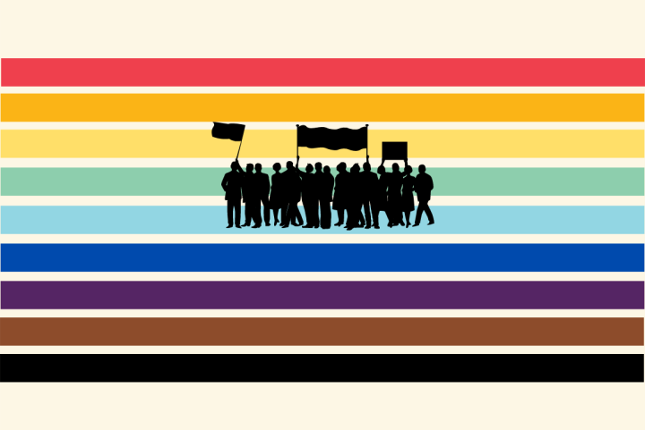 A graphic showing rainbow colors and a crowd of protesters.