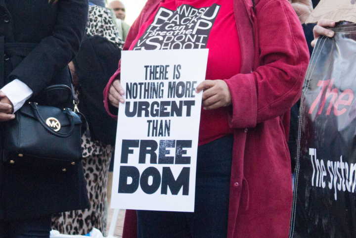 a protest sign that says "there's nothing more urgent than freedom"