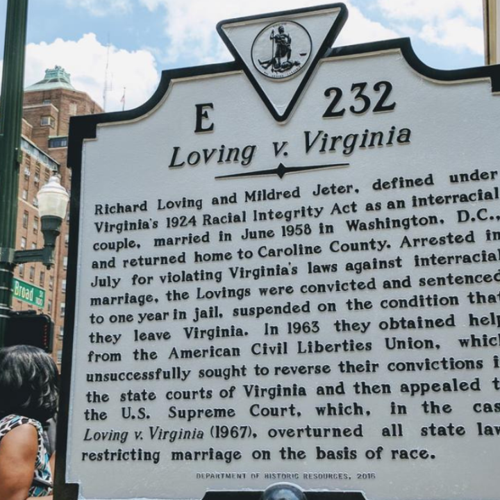 Photo of the historic marker for Loving v. Virginia