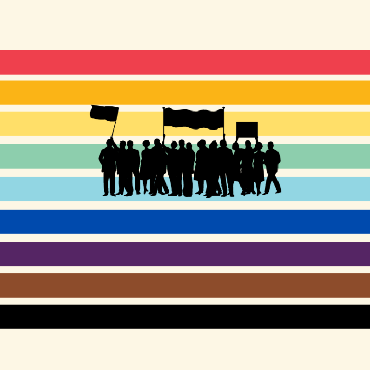 A graphic showing rainbow colors and a crowd of protesters.