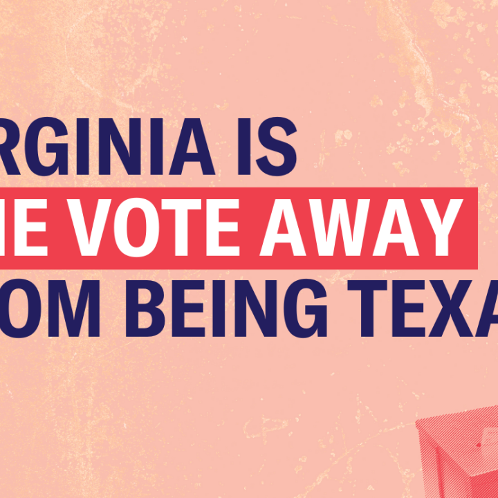 pink textured background with the following text in navy blue: Virginia is [bold] one vote away [end bold] from being Texas